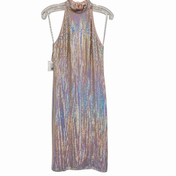 NWT SHO BY TADASHI SHOJI Blush Metallic Halter Midi Dress Iridescent Sequin Sz.S - Picture 2 of 9